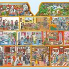 Es sind keine spezifischen Texte zu erkennen. Eine bunte, detaillierte Illustration verschiedener geschäftiger Szenen in einem Haus.