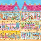 Eine Illustration eines großen Puppenhauses mit sechs Räumen, gefüllt mit Figuren, die verschiedene Aktivitäten ausführen.