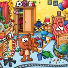 Niedliches Kinderzimmer mit Spielzeug, bunten Möbeln und einem freundlichen Bären auf einem blauen Teppich.