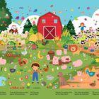 Ein bunter Bauernhof voller Tiere und Pflanzen. Texte fragen nach einer Kuh mit pinker Glocke, Mäusen, und Marienkäfern.