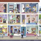 Eine Illustration zeigt ein Mehrfamilienhaus mit Szenen des Alltags: Kinder spielen, Erwachsene arbeiten, feiern und entspannen.