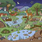 Eine bunte Waldszene bei Nacht mit zahlreichen Tieren. Viele schlafen oder ruhen, während andere aktiv sind.