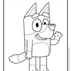 Eine fröhliche Cartoon-Hundfigur mit großen Augen und einem Lächeln, die freundlich winkt. Linienzeichnung, keine Farben.