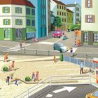 In der Stadt siehst du unterschiedlichste Fahrzeuge. Illustration zeigt bunte Gebäude, Straßen und Menschen im Alltag.