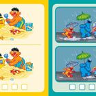 Beide Illustrationen zeigen bekannte Figuren. Links bauen sie Sandburgen, rechts gehen sie im Regen mit Regenschirmen.