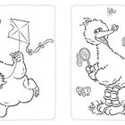 Links ein fröhliches Monster mit einem Drachen; rechts ein großer Vogel mit einem Schmetterlingsnetz, umgeben von Schmetterlingen.