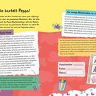"So bastelt Peppa!" und "So wenige Materialien, so viel Spaß!" auf buntem Hintergrund. Peppa illustriert.