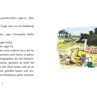 Text über eine Unterhaltung von Pu, Ferkel und Christopher Robin. Rechts eine bunte Illustration von Pu mit einem Kind.