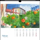 Kalenderseite für Februar mit Illustration eines Gebäudes und grüner Pflanzen mit Orangen.