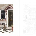 Ein Holzhaus mit rotem Dach, Topfpflanzen, Bank, Katze, Pflastersteine; links coloriert, rechts nur Konturen.