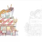 Ein kleines Eckrestaurant im japanischen Stil mit einem riesigen Ramen-Schüssel-Logo auf dem Dach.