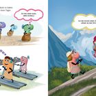 Mehrere bunte Lebkuchenfiguren trainieren und wandern, fröhlich und motiviert mit Sprechblasen.