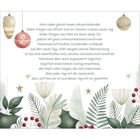 Text in der Mitte: "Mein Leben gleicht einem Adventskalender... dass Gott bei mir ist und diesen Tag mit mir gestaltet." Hintergrund: Weihnachtlich, grüne Blätter, goldene Sterne und Kugeln.