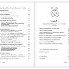 Links: Inhaltsverzeichnis mit Kategorien wie Atemtechniken. Rechts: Kapitel 3, "Spezielle Reisen für Kinder" mit Teddy-Illustration.