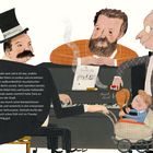 Text erzählt von Friedels Kindheit und musikalischem Umfeld in Berlin. Illustration: Drei Männer um ein Klavier, Baby im Wagen.