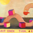 Text: "EIN WURM BAUT EINEN TURM." Illustration eines Wurms, der bunte Würfel stapelt. Links ist eine große gelbe '1'.