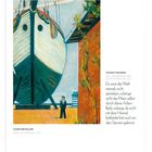 Zitat von Thomas Traherne über das Genießen der Welt. Illustration eines Schiffs in einer Werft. Text „August“.