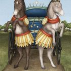 Text: VII, Der Wagen. Zwei Esel ziehen einen prächtigen Wagen, mit Kronen geschmückt.