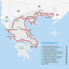 TOURENÜBERSICHT mit Routen von 1 bis 12. Straßenkarte von Griechenland mit roten Routenlinien. Kompassrose.