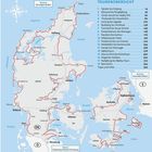 Tourenübersicht mit 18 nummerierten Routen von Tønder bis Bornholm. Enthält rote Linien, Städte und Gewässer.