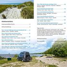 Inhaltsverzeichnis, Touren mit Seitenzahlen und Reisetipps. Links: Strand mit Dünen. Unten: Reisemobil vor Meer.