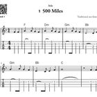 "500 Miles" Solo, Gitarre Tabulatur und Noten mit Akkorden (F, Dm, Gm, Bb, C), traditionell aus Amerika, QR-Code Track 1.