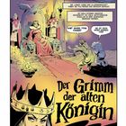 "Der Grimm der alten Königin." Die Königin sitzt auf einem Thron, umgeben von Soldaten und knienden Personen.