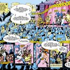 Comic-Szene: Eine Bühne mit Darstellern, Helden kämpfen gegen Gegner, viele Geräuscheffekte wie "PTOM" und "WOLOIOONGOO".