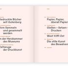 Linke Seite: Themen wie „Gedruckte Bücher seit Gutenberg“ mit Nummern. Rechte Seite: Themen wie „Papier, Papier, überall Papier“.