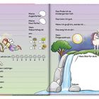 Zwei Seiten mit Feldern für persönliche Daten, Zeichnungen und Texte. Einhorn und Fee in einer Märchenlandschaft.