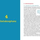 4. Selbstakzeptanz: Links auf blauem Hintergrund, große gelbe Zahl und Schrift. Rechts Text zur Selbstannahme mit Zitat.