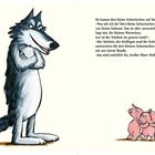 Text rechts: Dialog zwischen einem Wolf und drei kleinen Schweinchen. Illustration: Wolf links, Schweinchen rechts.
