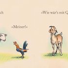Zwei Textblöcke: Links „Dann sage ich Kikeriki.“ und „Meiner!“ Rechts „Wie wär's mit Quak?“ und „Machst du Witze?...“. Schaf, Hahn links; Ziege, Frosch rechts.