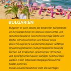 "BULGARIEN" als Titel. Text beschreibt Bulgariens Vielfalt: Städte, Kirchen, Geschichte, Berge. Bild zeigt Strand mit bunten Sonnenschirmen.