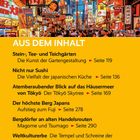 "AUS DEM INHALT" gibt einen Überblick über Themen wie japanische Gärten, Küche, den Fuji und kulturelle Orte in Japan. Darunter Menschenmenge.