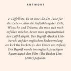 Text: "ANTWORT: c: Löffelliste. Es ist eine 'To-Do-Liste für das Leben', also die Aufzählung der Ziele, Wünsche und Träume..."
