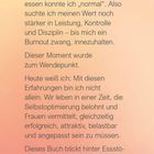 LANGE DACHTE ICH, MIT MIR SEI ETWAS FALSCH. Text über persönliche Erfahrungen mit Bulimie auf gelbem und rosa Hintergrund.