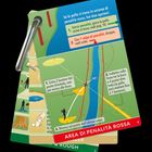 Ein Fächer mit Golfregeln in italienischer Sprache, Diagramme und Illustrationen erklären Spieloptionen im Wasserbereich.