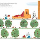 Texte: "UND MIT DIESEM GELD KANNST DU NOCH MEHR LAND KAUFEN [...] EINE HÜBSCHE KLEINE FABRIK AUS BACKSTEINEN." Illustration von Apfelbäumen, Schaf trägt Äpfel zu Lastwagen bei Backsteinfabrik.