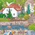 Eine Illustration zeigt eine fröhliche Szene: Menschen picknicken im Garten, Kinder spielen, Enten schwimmen im Wasser.
