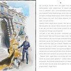 Links ein historisches Gebäude mit zwei Löwenstatuen. Rechts ein Text über den Louvre, Inspektor Marco und ein gestohlenes Juwel.