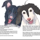Links steht: "Plötzlich tauchte eine weiße Hündin auf. Sie war weiß wie Schnee..." Rechts steht: "Betty, die weiße Hündin, kannte alle geheimen Plätze..." Zwei fröhliche, illustrierte Hunde schauen den Betrachter an.