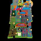 Zahlen 1 bis 28 unten; "Hundertwasser Good Morning City – Bleeding Town, 1970" darüber. Illustration von farbigem, abstraktem Gebäude.