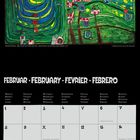 FEBRUAR. Kalender mit Gemälde: Bunte, spiralförmige Felder, Fluss, rote Häuser und grüne Landschaft.