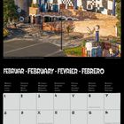 FEBRUAR. Montag bis Sonntag in vier Sprachen. Kalender mit Nummern. Buntes Gebäude mit goldener Kuppel.