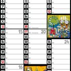 April, Mai, Juni Kalender; Feiertage: Maifeiertag, Christi Himmelfahrt, Pfingsten, Fronleichnam. Drei bunte Illustrationen.