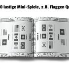 "30 lustige Mini-Spiele, z.B. Flaggen Quiz" steht oben. Zwei Buchseiten zeigen verschiedene Länderflaggen im Quizspiel.