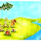 Illustration von Tieren an einem Baum auf einer Wiese, mit Fluss und Hügeln im Hintergrund unter blauem Himmel.