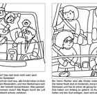 Links: Unruhige Kinder ohne Gurte im Auto, Fahrer besorgt. Rechts: Kinder ordentlich angeschnallt, Fahrer entspannt.