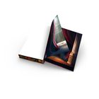 Ein Buch mit aufgeklappter Seite zeigt eine Bühne mit rotem Vorhang, Lichtstrahl und zwei kleinen Schwertern.